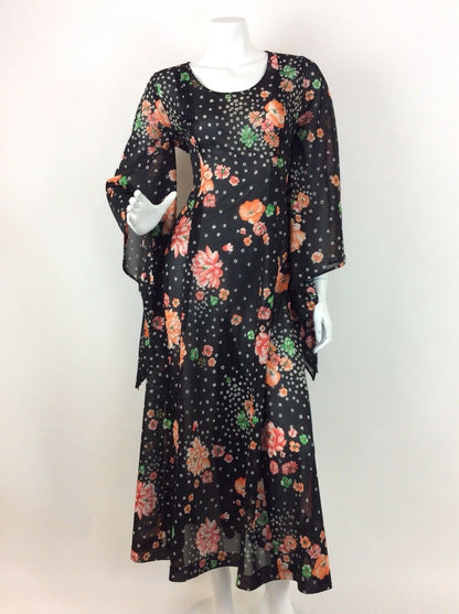 BLACK GREEN ORANGE VTG 70S FLARE SLEEVE MAXI DRESS 10 12