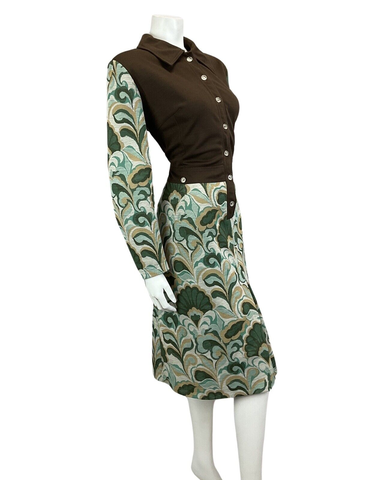 VINTAGE 60s 70s BROWN GREEN PSYCHEDELIC MOD MIDI DRESS 16