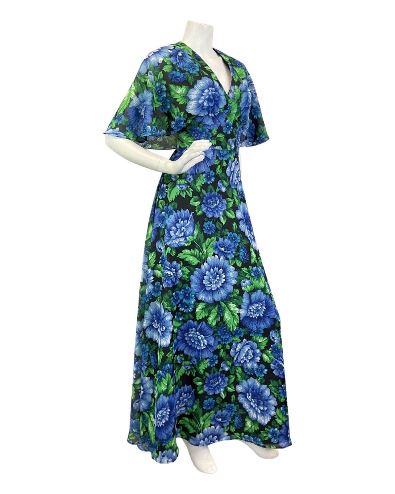 VINTAGE 60s 70s BLUE GREEN BLACK FLORAL CAPE SLEEVE SUMMER MAXI DRESS 10 12