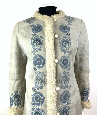 VTG 60s 70s GREY CREAM BLUE FLORAL SUEDE SHEARLING SHEEPSKIN MOD COAT 12 14