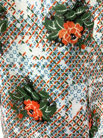 VTG 60s 70s ABSTRACT FLORAL WHITE GREEN ORANGE BLUE EMPIRE DRESS 12