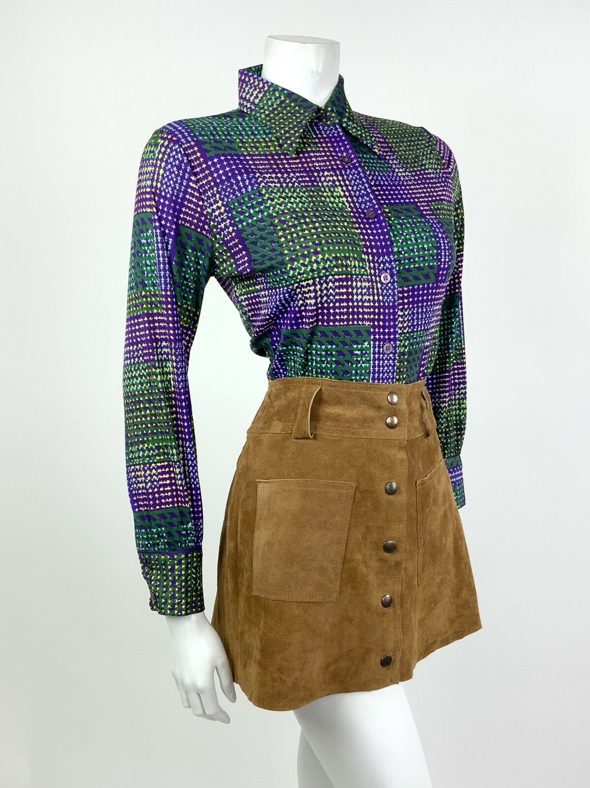 VINTAGE 60s 70s PURPLE GREEN YELLOW WHITE CHECKERED PLAID DAGGER SHIRT 8 10