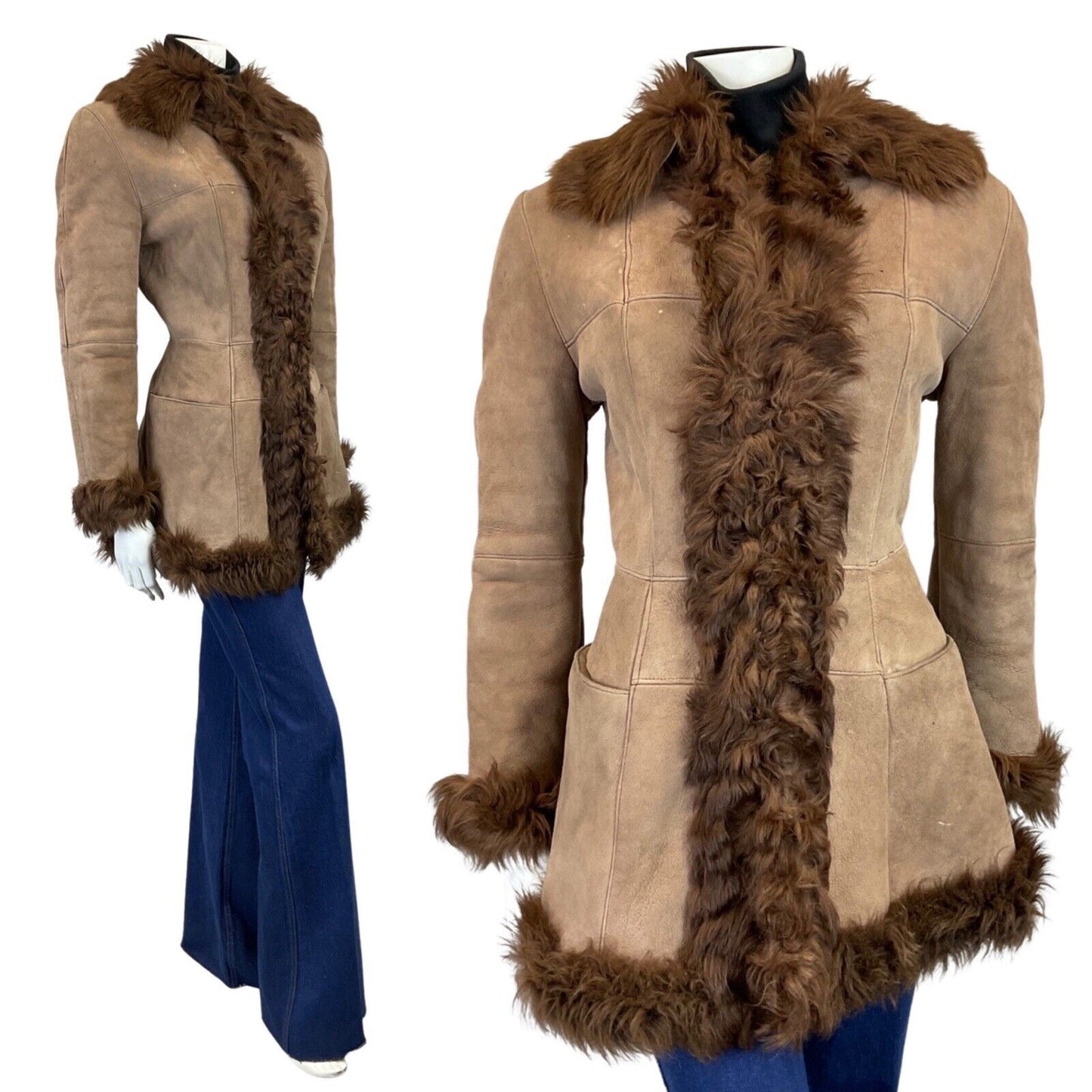 VINTAGE 60s 70s PEANUT BROWN SUEDE DAGGER COLLAR PENNY BOHO SHEARLING COAT 10 12