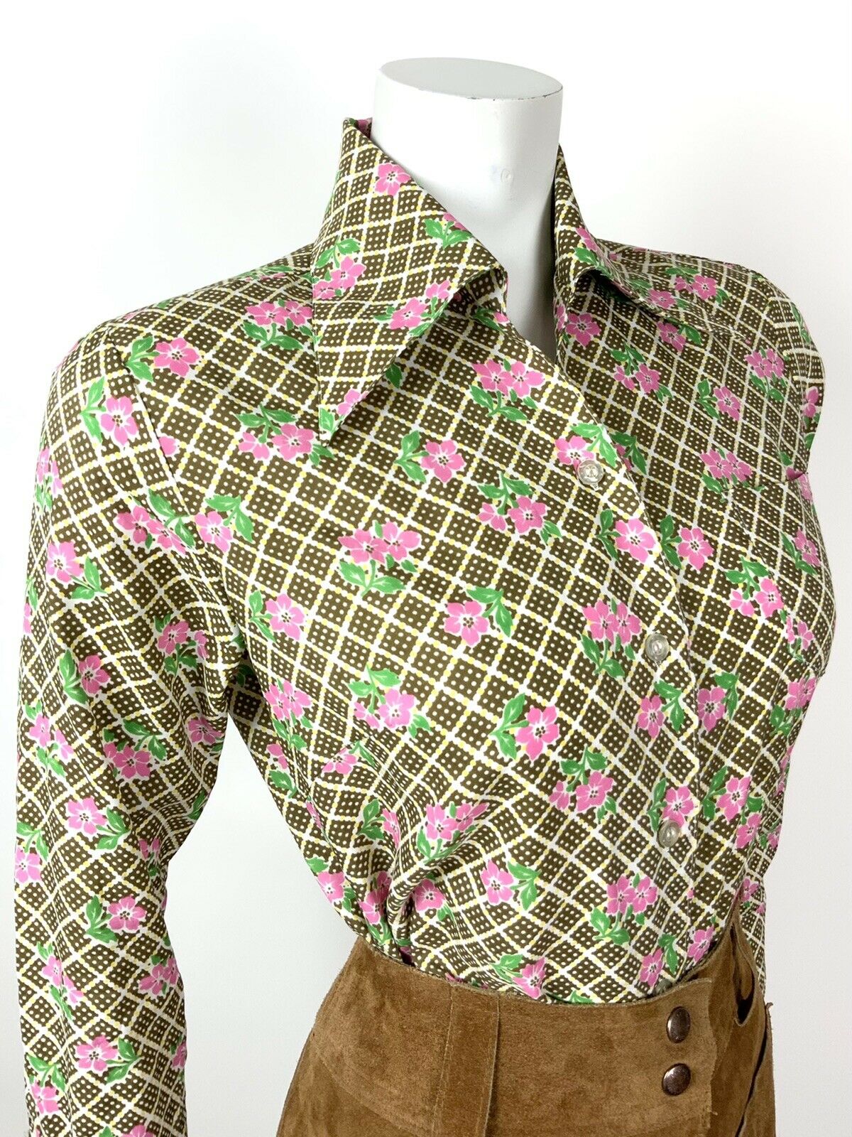 VINTAGE 60s 70s BROWN WHITE PINK CHECKED SQUARE FLORAL DAGGER SHIRT 10 12