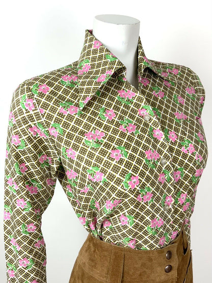 VINTAGE 60s 70s BROWN WHITE PINK CHECKED SQUARE FLORAL DAGGER SHIRT 10 12