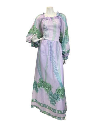 VINTAGE 60s 70s LILAC GREEN BLUE FLORAL BOHO PRAIRIE SUMMER MAXI DRESS 10 12