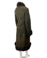 VINTAGE 60s 70s DARK BROWN SUEDE LEATHER SHEARLING LONG COAT 12 14