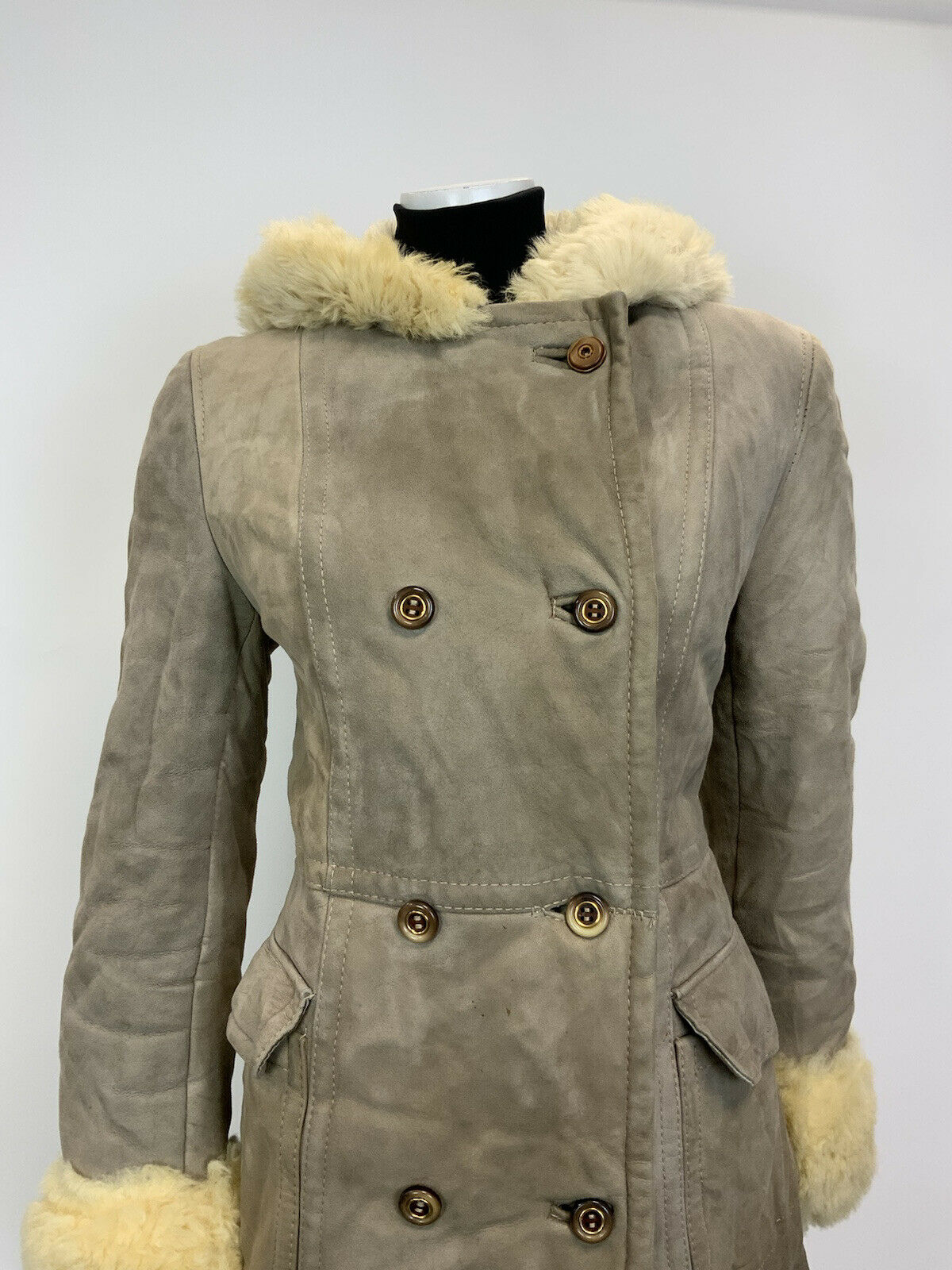 VTG 60s 70s SAND BEIGE CREAM SUEDE SHEARLING DOUBLE-BREASTED MOD HOODED COAT 12