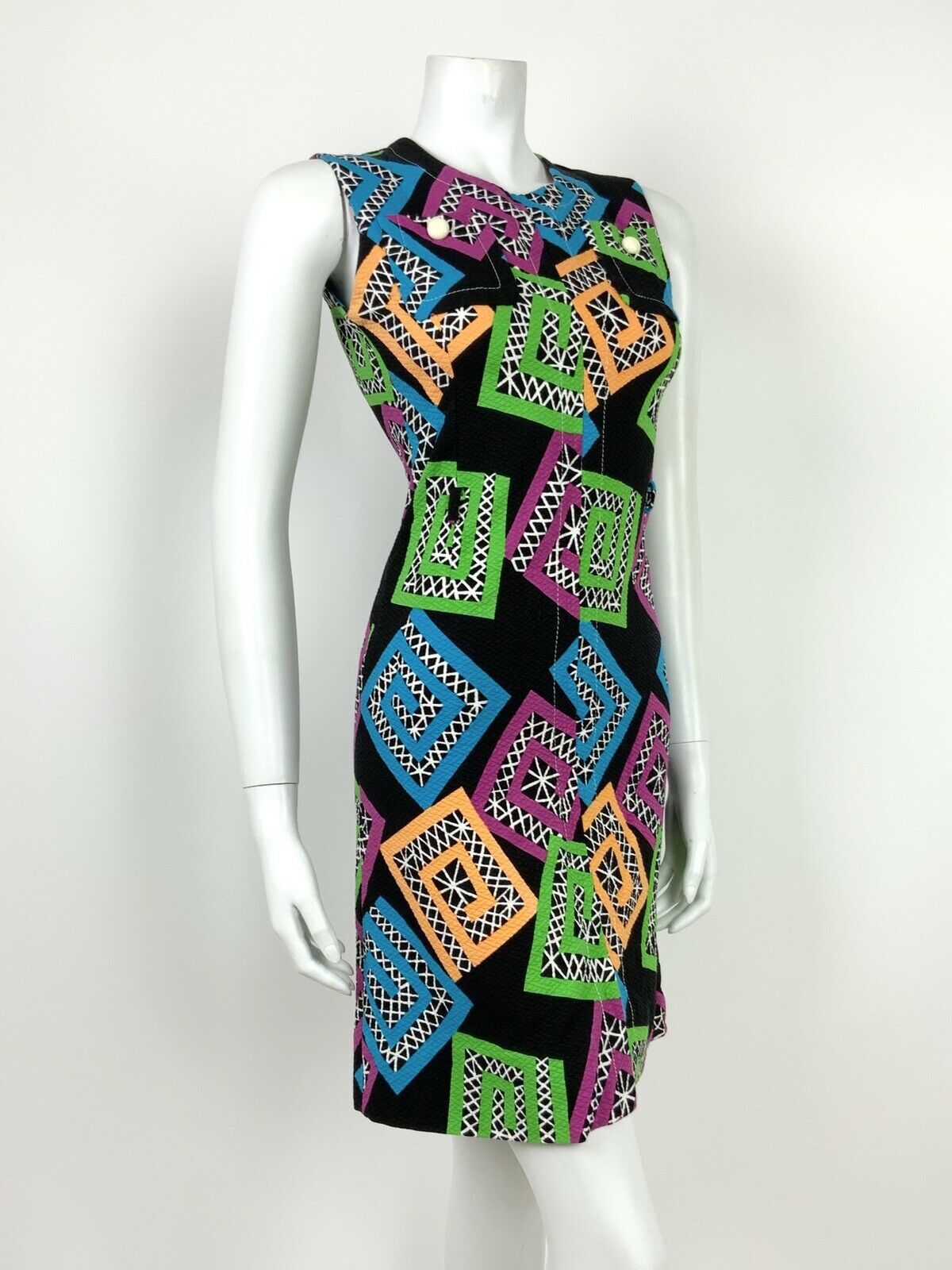 VTG 60s 70s BLACK BLUE GREEN PURPLE ORANGE GEOMETRIC QUILTED NAKAJIMA DRESS 6