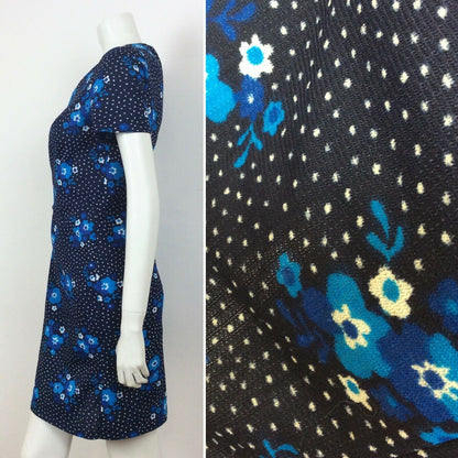 60S VINTAGE NAVY BLUE WHITE FLOWER DAISY PRINT PSYCHEDELIC DRESS 12 14