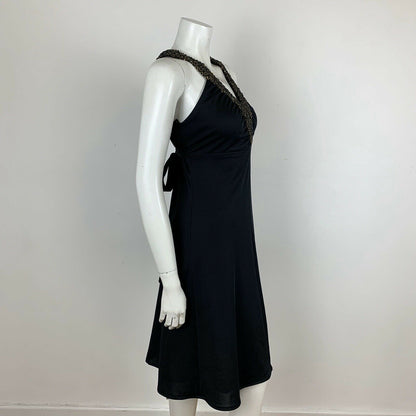 VINTAGE 70S BLACK GOLD BEADED HALTER NECK DRESS 6 8