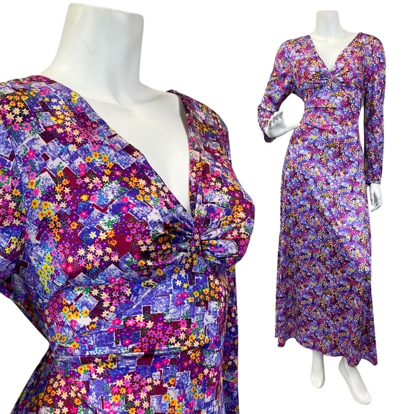 VINTAGE 60s 70s PURPLE PINK YELLOW DITSY FLOWER PSYCHEDELIC MAXI DRESS 10 12