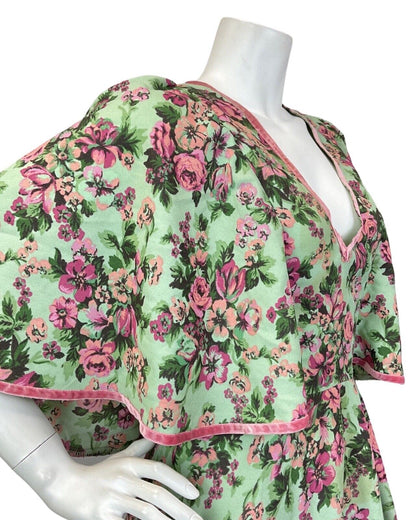 VINTAGE 60s 70s GREEN PINK ROSE FLORAL CAPE SLEEVE BOHO SUMMER MAXI DRESS 8 10