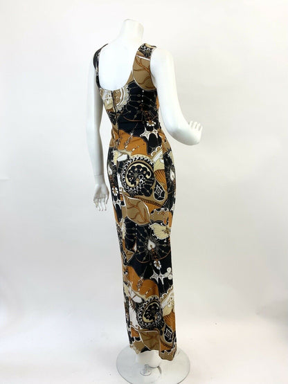 VTG 60s 70s BROWN BLACK CREAM PSYCHEDELIC LEAFY SWIRL MOD BOHO MAXI DRESS 8 10