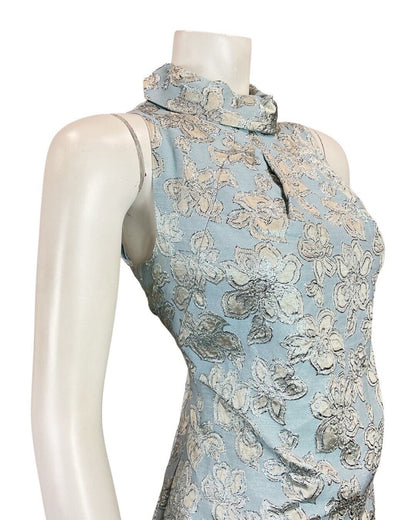 VINTAGE 60s 70s BLUE SILVER FLORAL EMBROIDERED PARTY GLAM STUDIO 54 DRESS 14