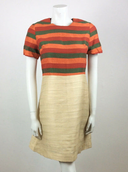 VTG 60S GREEN, RED, ORANGE CREAM STRIPED PREPPY VINTAGE DRESS