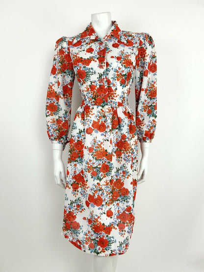 VINTAGE 60s 70s WHITE BLUE GREEN RED FLORAL POPPY DAGGER SHIRT DRESS 10