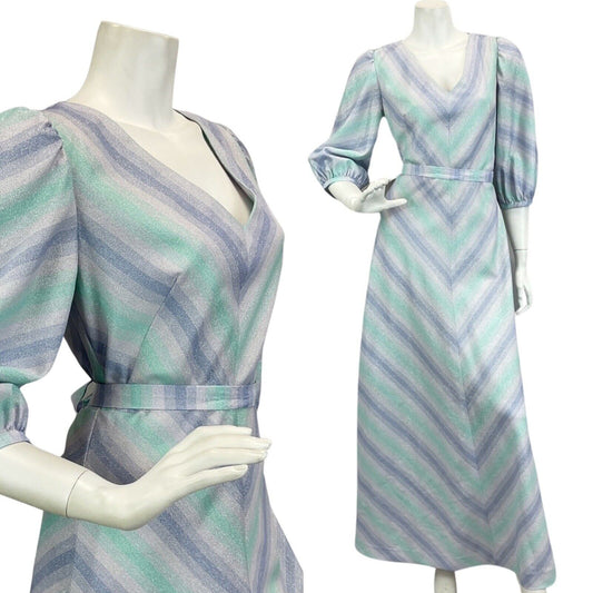 VINTAGE 60s 70s BLUE LILAC SILVER ABSTRACT PRINT BOHO DISCO PARTY  MAXI DRESS 12