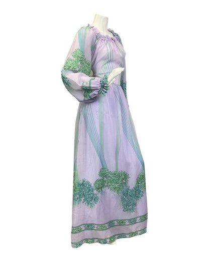 VINTAGE 60s 70s LILAC GREEN BLUE FLORAL BOHO PRAIRIE SUMMER MAXI DRESS 10 12