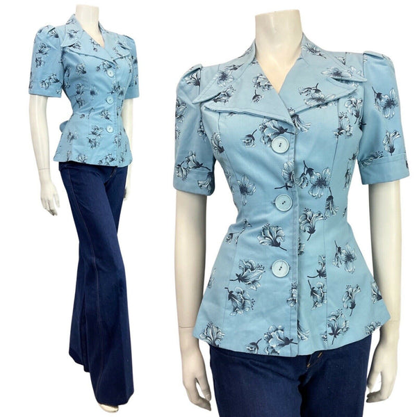 VINTAGE 70s DOES 40S BLUE NAVY FLORAL BELTED MOD BLOUSE TOP 10