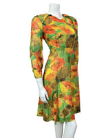 VINTAGE 60s 70s YELLOW RED GREEN FLORAL POPPY SHEER WING COLLAR SHIRT DRESS 4