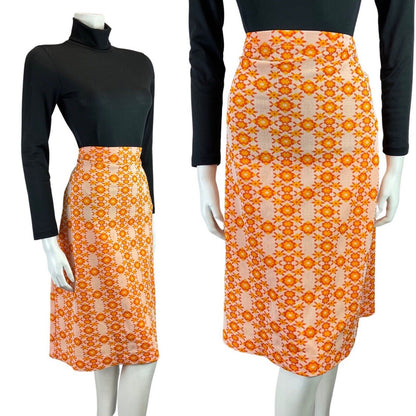 VINTAGE 60s 70s ORANGE WHITE FLOWER POWER DAISY MOD MIDI KNEE-LENGTH SKIRT 8 10