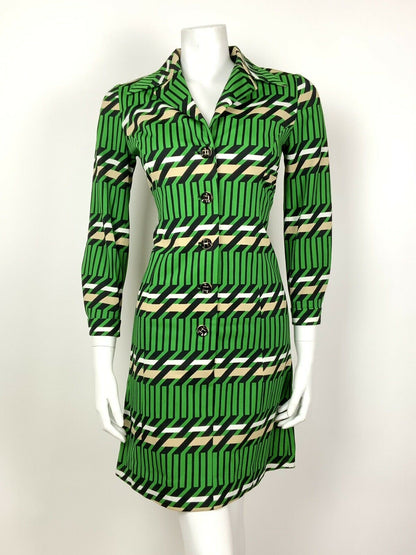 VTG 60s 70s GREEN BLACK WHITE BEIGE GEOMETRIC MOD STRIPED DAGGER SHIRT DRESS 10