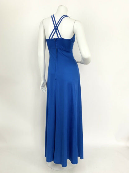 VINTAGE 60s 70s COBALT BLUE SPAGHETTI STRAP CROSS HATCH ELEGANT MAXI DRESS 6