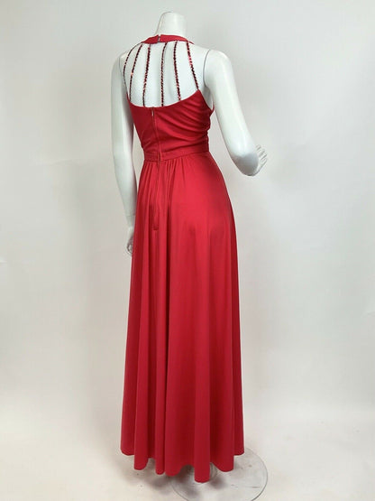 VTG 60s 70s CHERRY RED SILVER SEQUIN STUDIO 54 DISCO PARTY MAXI HALTER DRESS 8