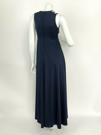 VINTAGE 70s NAVY BLUE STRAPPY CROSS HATCH ELEGANT STUDIO MAXI DRESS 6