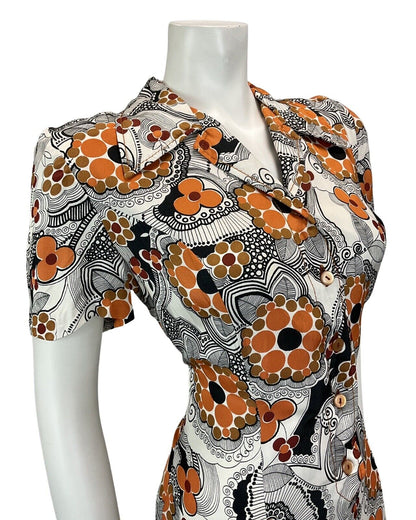 VINTAGE 60S 70S WHITE ORANGE BROWN BLACK FLORAL PSYCHEDELIC MOD DRESS 14