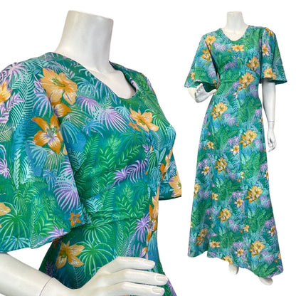 VTG 60s 70s GREEN BLUE YELLOW HAWAIIAN FLORAL PALM LEAVES TROPICAL MAXI DRESS 10