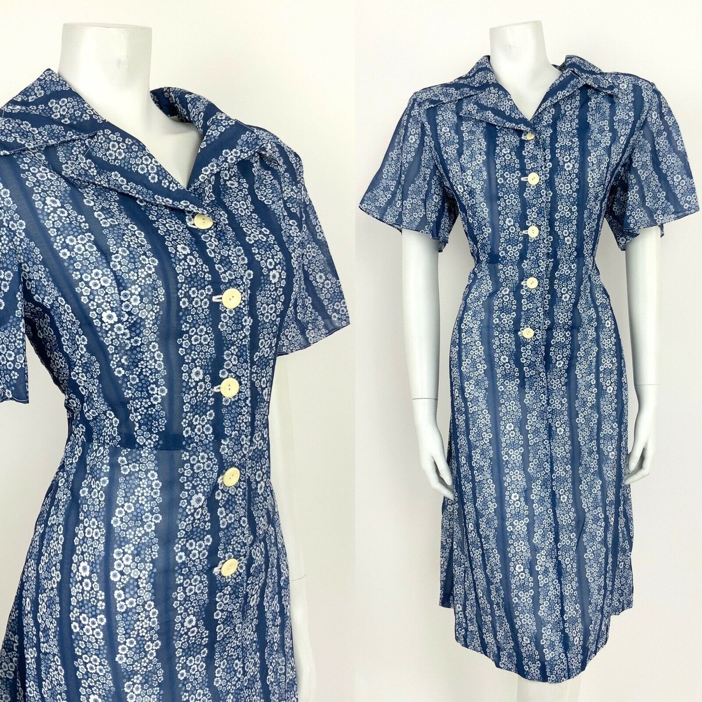 VTG 60s 70s BLUE WHITE STRIPED FLORAL DITSY SHIRT WAIST DAISY MOD DRESS 14