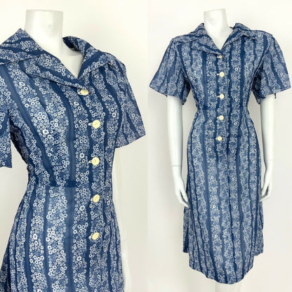 VTG 60s 70s BLUE WHITE STRIPED FLORAL DITSY SHIRT WAIST DAISY MOD DRESS 14