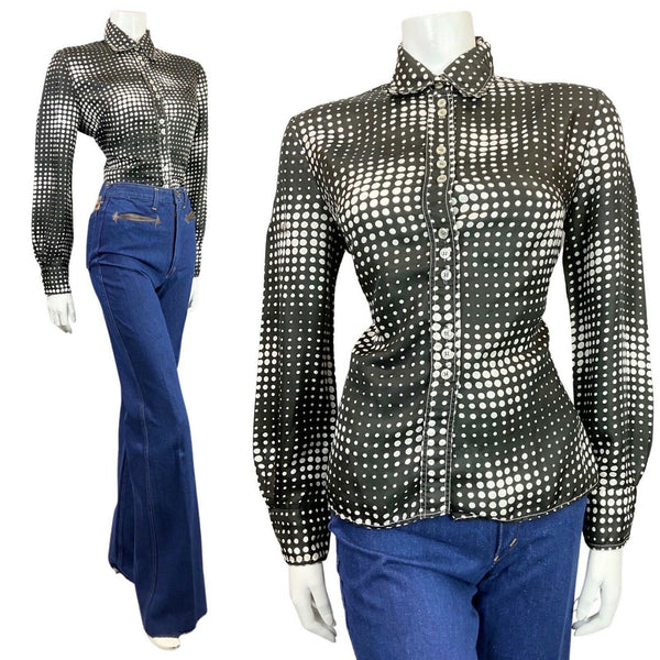 VINTAGE 60s 70s BLACK WHITE OP-ART HALFTONE DOTTY MOD SHIRT BLOUSE 14 16