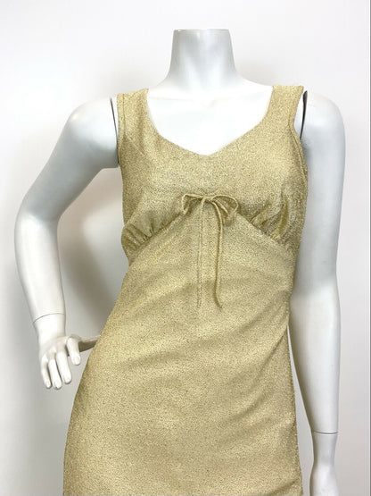 VINTAGE 60s 70s GOLD LUREX GLITTERY STUDIO 54 PARTY SLEEVELESS MAXI DRESS 10