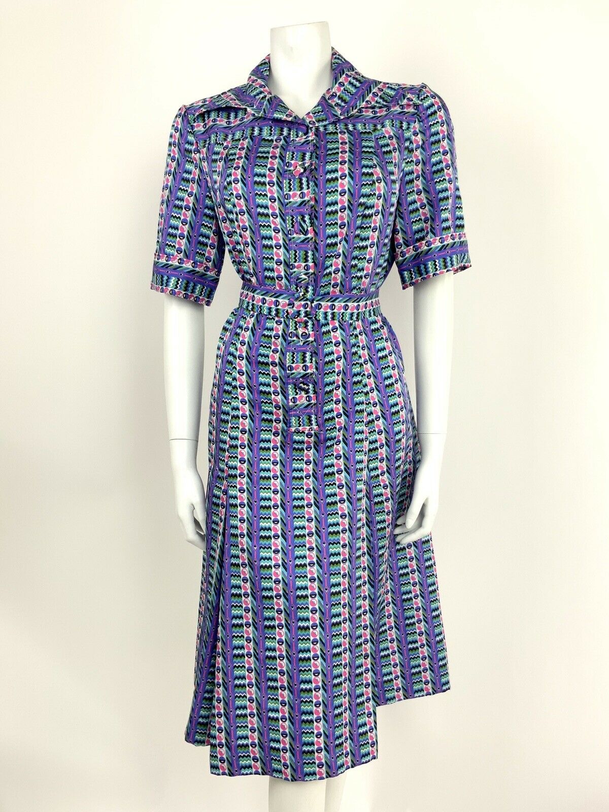 VTG 70s PURPLE PINK TEAL BLACK WHITE CHEVRON GEOMETRIC SHIRT DRESS 12 14 16