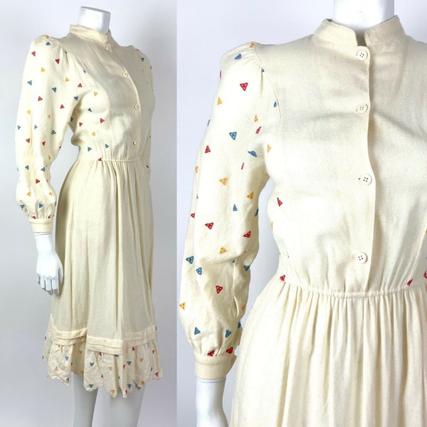 VINTAGE 70s 80s CREAM RED BLUE EMBROIDERED GEOMETRIC FOLK BOHO WOOL DRESS 6