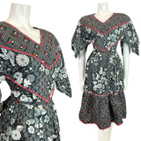 VTG 60s 70s BLACK WHITE RED DITSY FLORAL HANDKERCHIEF SLEEVE BOHO FOLK DRESS 6