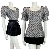 VINTAGE 60s 70s SILVER BLACK GEOMETRIC DISCO STUDIO 54 LUREX BLOUSE 14 16