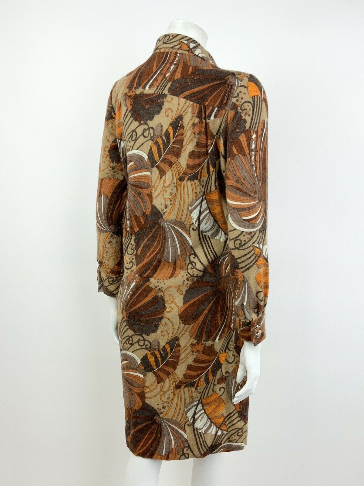 VINTAGE 60s 70s BROWN GREY ORANGE WHITE FLORAL PSYCHEDELIC SHIRT DRESS 14 16