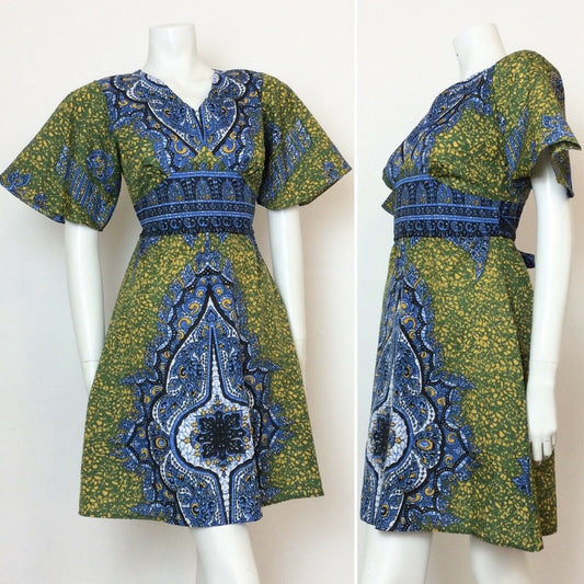 VINTAGE 70S GREEN BLUE YELLOW BATIK ETHNIC KAFTAN DRESS 10