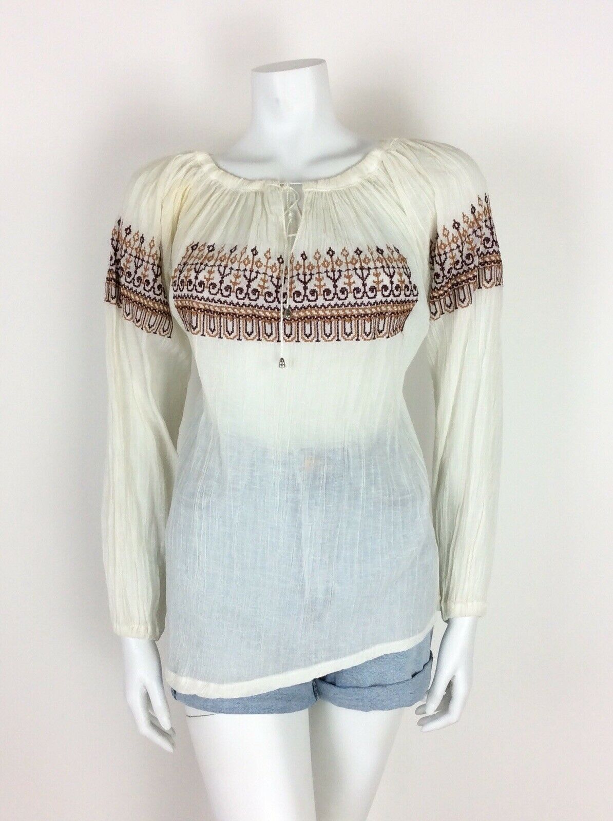 VINTAGE 60s 70s ETHNIC PEASANT TOP WHITE CREAM RED BROWN HIPPY 12 14