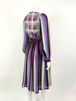 VINTAGE 60s 70s PURPLE BLUE BLACK CREAM STRIPED SHEER FLOATY DRESS 6