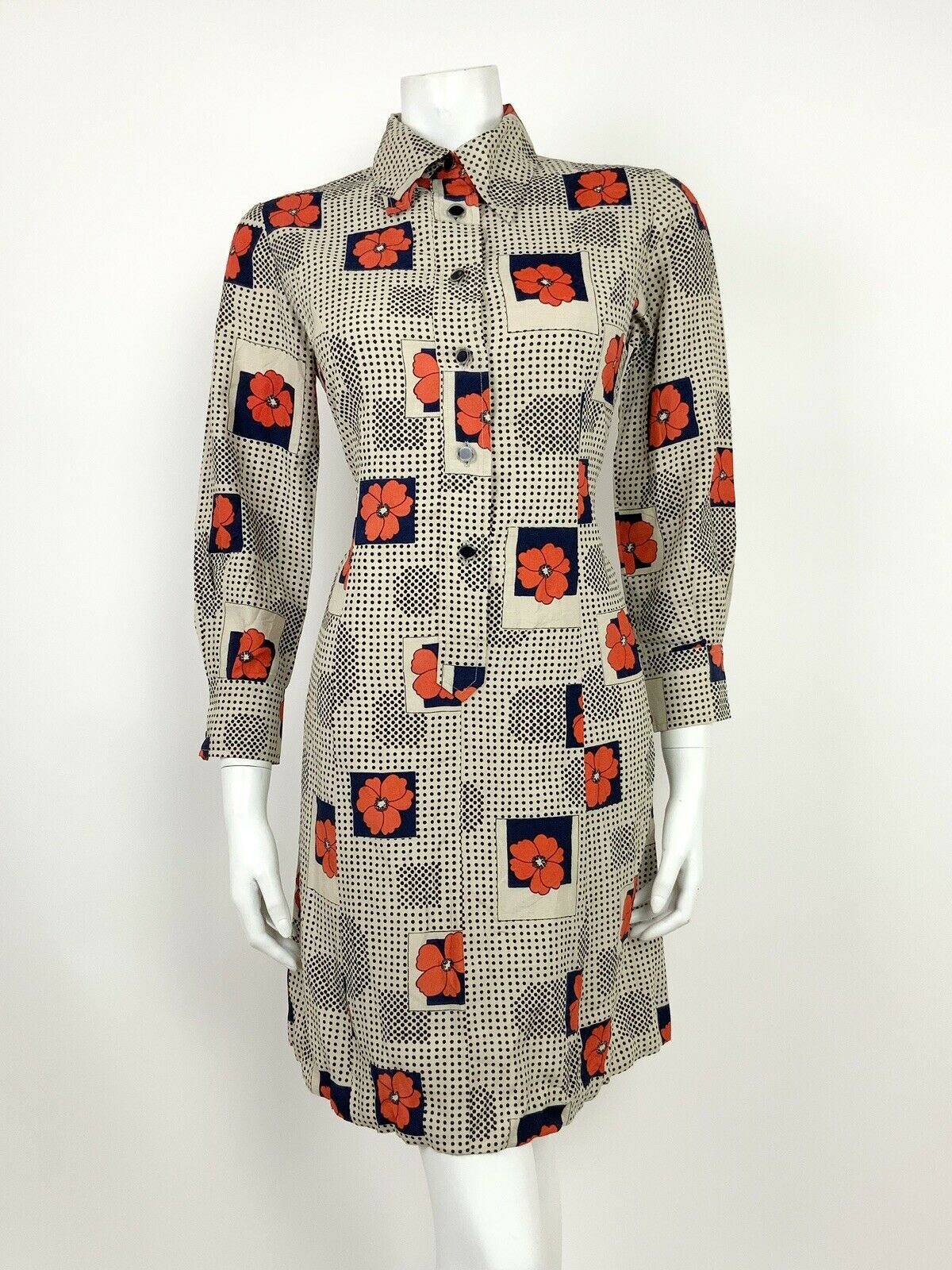 VINTAGE 60s 70s BEIGE BLACK BLUE RED FLORAL POPPY POLKA DOT SHIRT DRESS 10 12