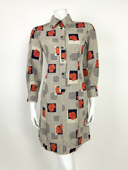 VINTAGE 60s 70s BEIGE BLACK BLUE RED FLORAL POPPY POLKA DOT SHIRT DRESS 10 12