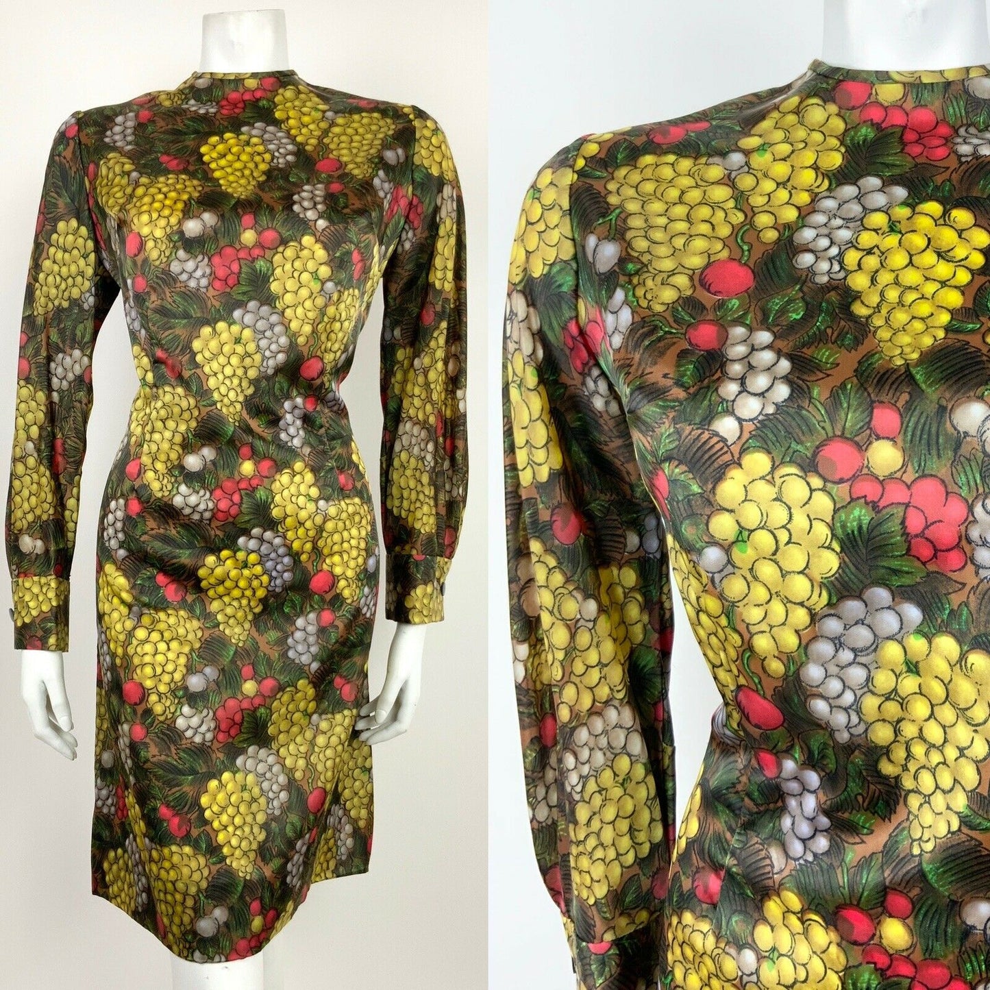 VTG 60s 70s BROWN RED YELLOW GREEN GRAPES BERRIES FLORAL SHIFT DRESS 10 12 14