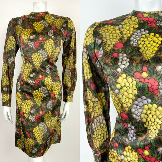 VTG 60s 70s BROWN RED YELLOW GREEN GRAPES BERRIES FLORAL SHIFT DRESS 10 12 14