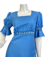 VINTAGE 60s 70s BRIGHT BLUE EMBROIDERED ANGLAISE BOHO PRAIRIE MAXI DRESS 8 10