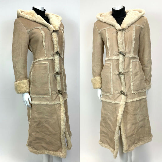 VTG 60s 70s BEIGE CREAM SHEARLING SHEEPSKIN HOODED TOGGLE BOHO MOD COAT 12 14